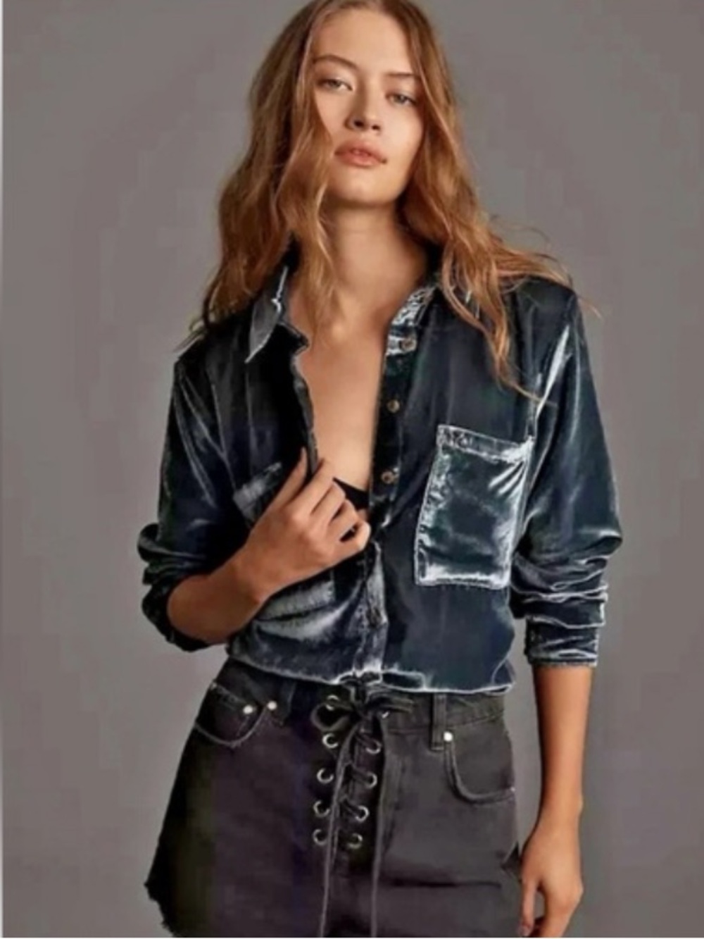 NWT Anthropologie Pilcro Hadley Luxe Velvet Relaxed Buttondown Shirt in Slate